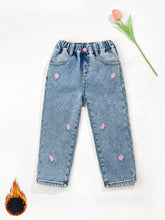 Girls' Thick Fleece Lined Washed Denim Jeans For Daily Casual, Autumn/Winter